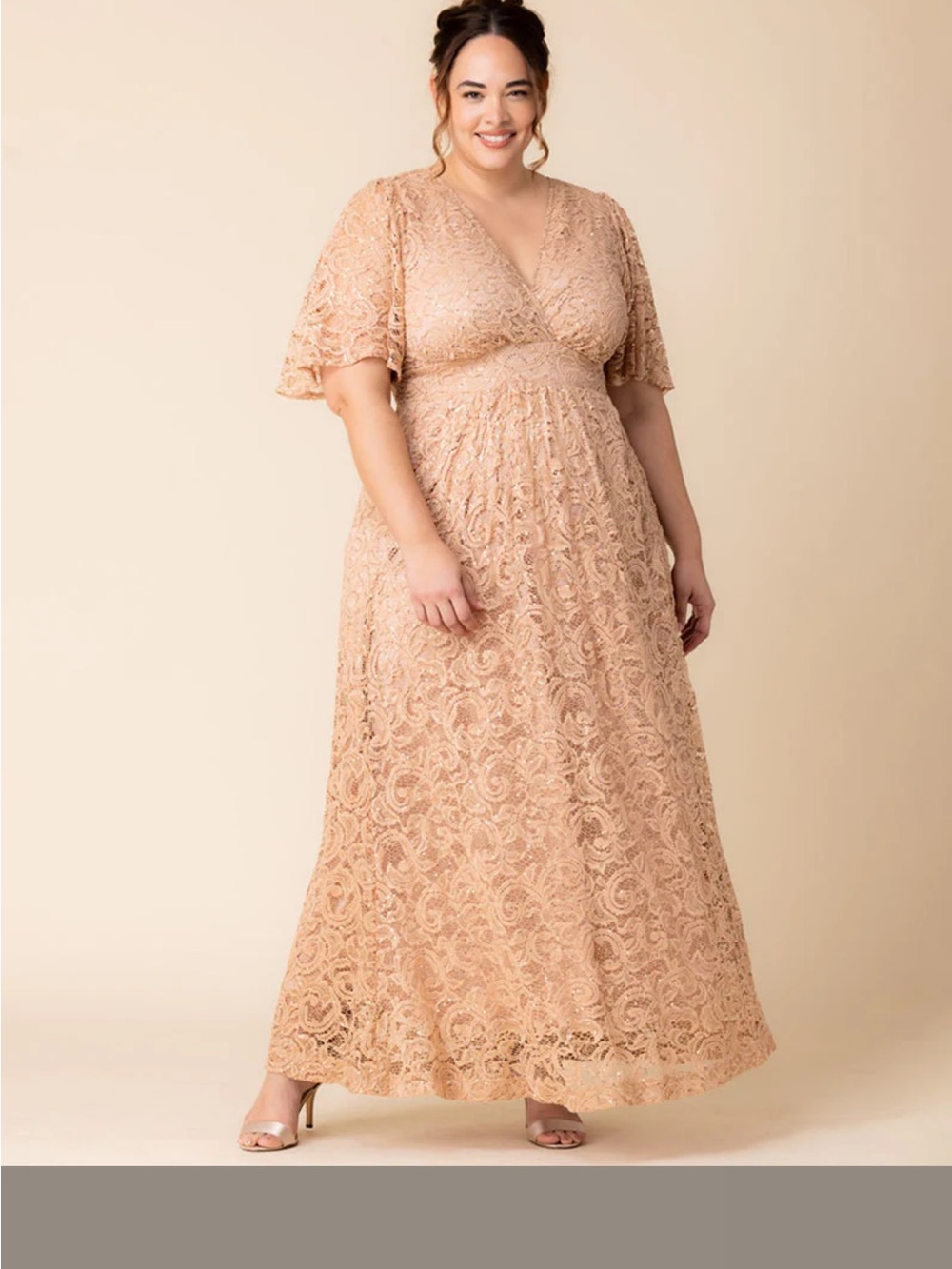 Luminous Sequin Lace Long Gown Kiyonna NWT 1X Champagne Wedding Guest Mother